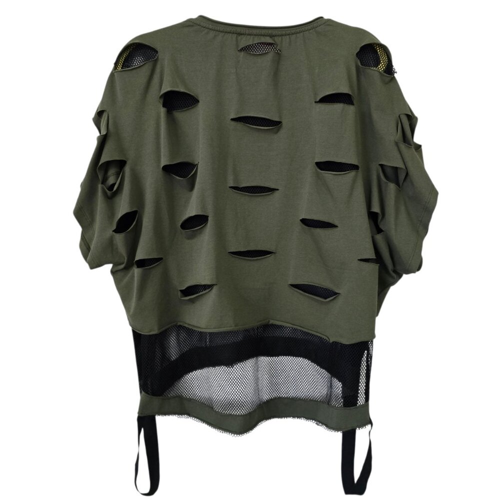 Ré Design Army Green & Black Grunge Goth Mesh Shirt w/ Rhinestone Skulls Size M - Picture 5 of 6